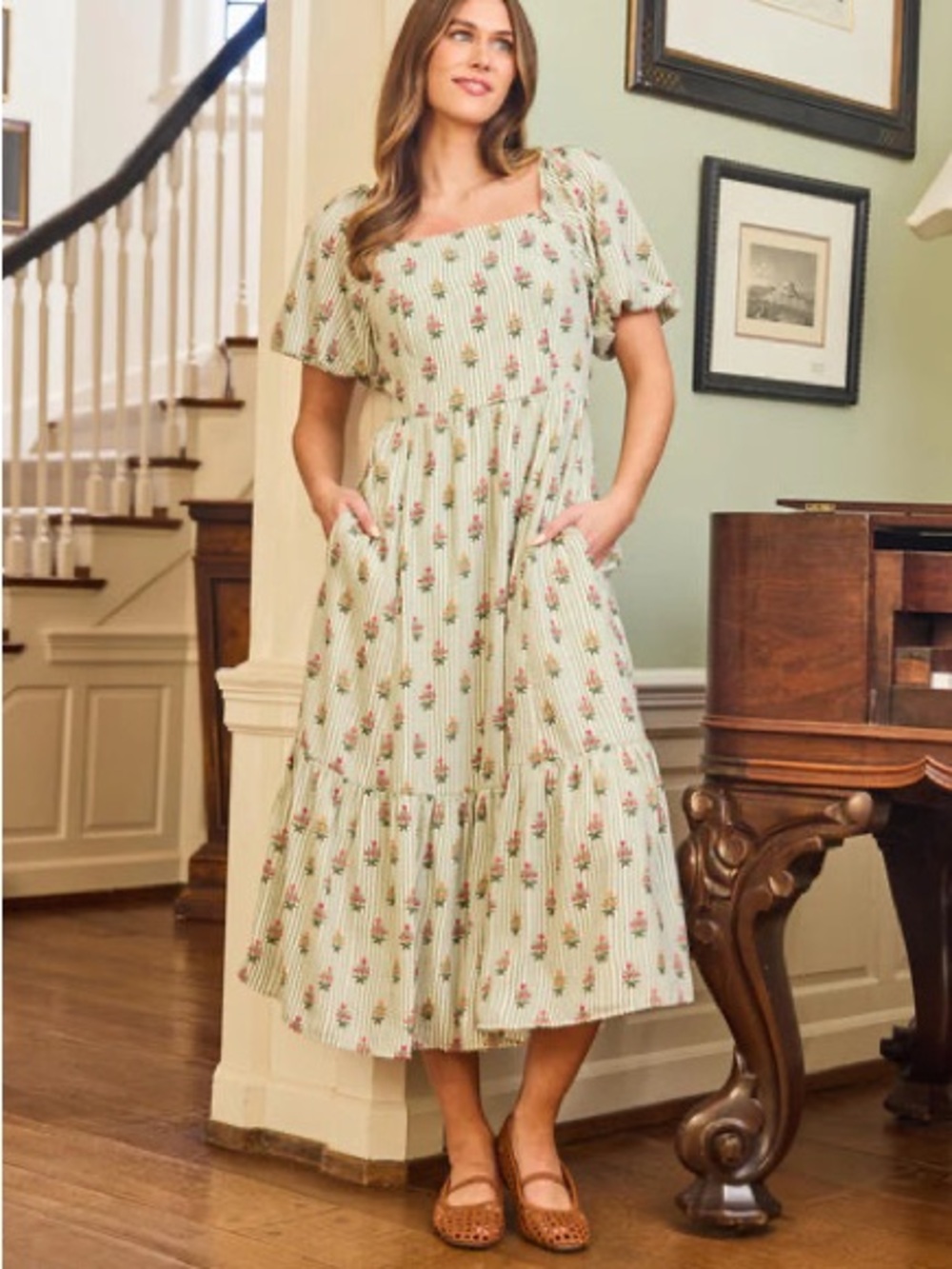NWT Mary Square Alexi midi Dress cottage stripes green size L